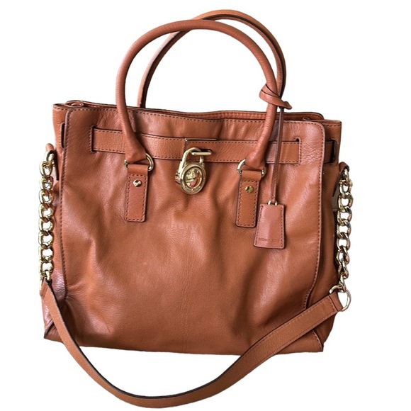 Michael Kors Hamilton Brown Tan Leather Gold Chain Strap Tote Shoulder Bag - Picture 3 of 15